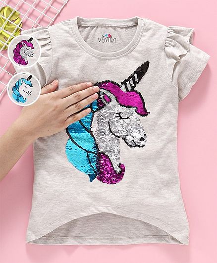 Ventra Short Sleeves Sequin Unicorn Patch Detailing Top - Grey