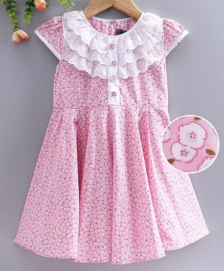 Enfance Core Flower Printed Cap Sleeves Dress - Pink
