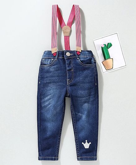 Babyhug Full Length Jeans with Suspenders - Blue