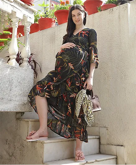 Mine4Nine Three Fourth Sleeves Leaves Printed Maternity Dress - Green