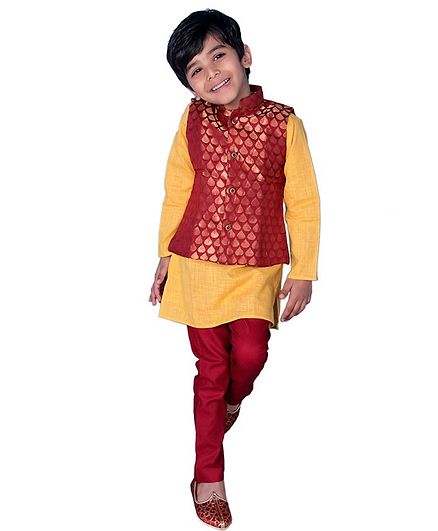 Mittenbooty Full Sleeves Kurta With Self Design Jacket & Pajama - Yellow & Maroon