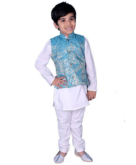 Mittenbooty Full Sleeves Kurta With Jacquard Jacket & Pajama - Blue & White