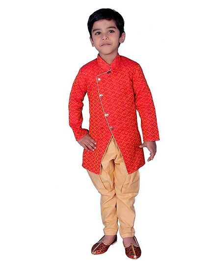 Mittenbooty Printed Full Sleeves Crosscut Kurta & Pyjama Set - Orange