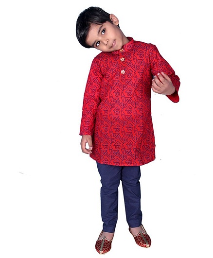 Mittenbooty Abstract Print Full Sleeves Kurta With Pyjama - Red