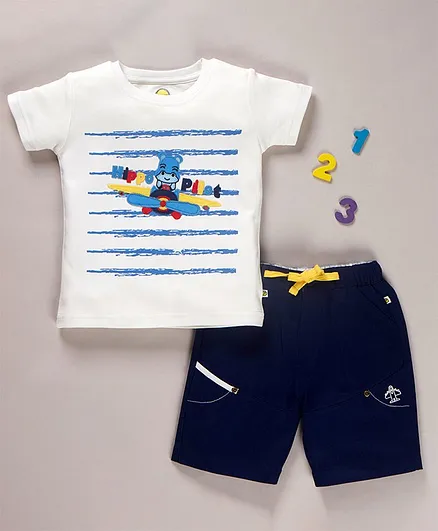 Pranava Organic Cotton Half Sleeves Cartoon Patch Detailed Tee & Shorts Set - White & Navy Blue