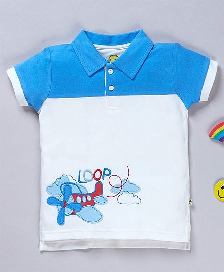 Pranava Organic Cotton Half Sleeves Airplane Patch Detailed Tee - Blue