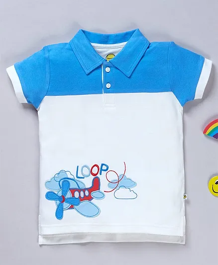 Pranava Organic Cotton Half Sleeves Airplane Patch Detailed Tee - Blue