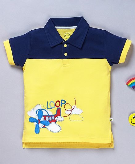 Pranava Organic Cotton Half Sleeves Airplane Patch Detailed Tee - Yellow