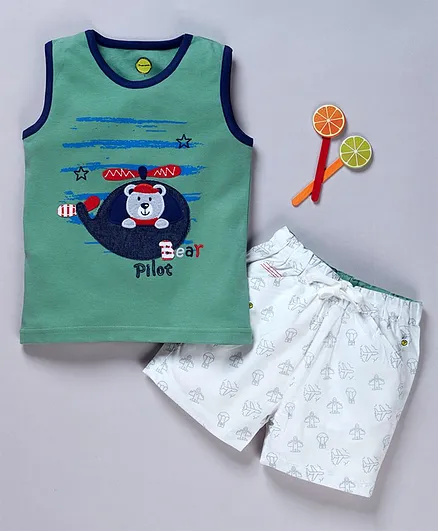 Pranava Organic Cotton Sleeveless Cartoon Patch Detailed Tee & Shorts - Green & White