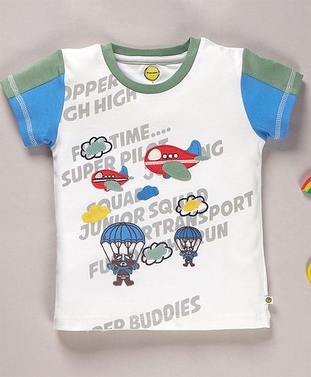 Pranava Organic Cotton Raglan Half Sleeves Helicopter Patch Detailed Tee - White