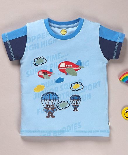 Pranava Organic Cotton Raglan Half Sleeves Helicopter Patch Detailed Tee - Sky Blue