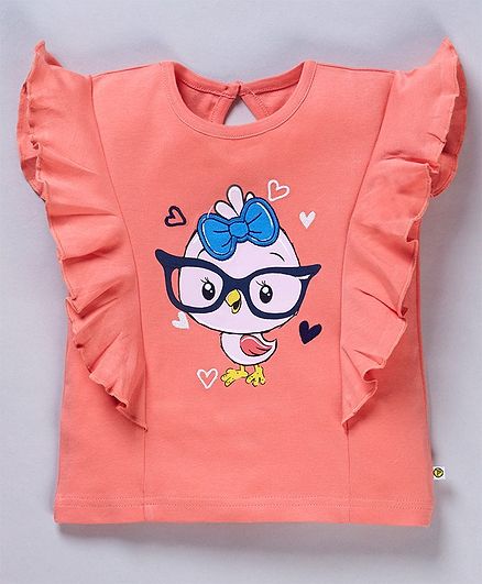 Pranava Organic Cotton Frill Short Sleeves Bird Print Detailing Top - Peach