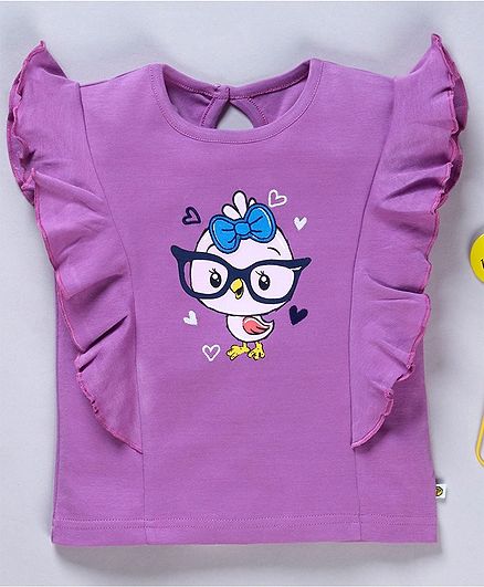 Pranava Organic Cotton Frill Short Sleeves Bird Print Detailing Top - Purple