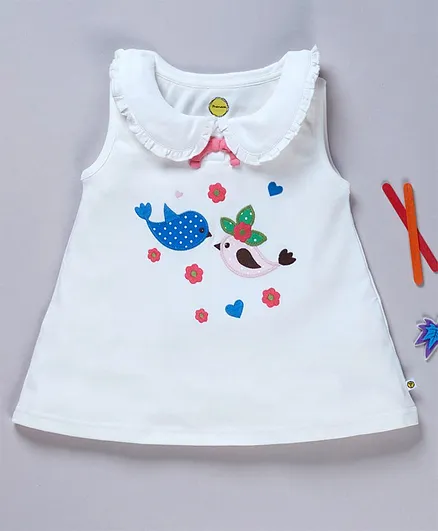 Pranava Organic Cotton Sleeveless Bird Patch Detailed Top - White