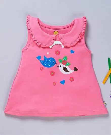 Pranava Organic Cotton Sleeveless Bird Patch Detailed Top - Pink