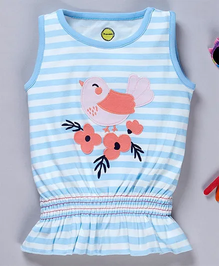 Pranava Organic Cotton Striped Sleeveless Bird Patch Detailed Top - Blue & White