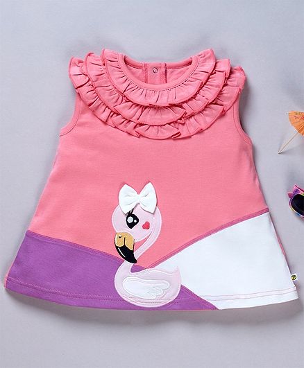 Pranava Organic Cotton Sleeveless Flamingo Patch Detailed Top - Pink