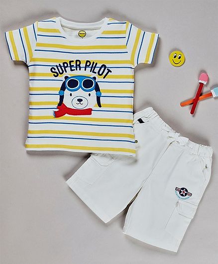 Pranava Organic Cotton Striped Half Sleeves Tee & Shorts Set - Yellow & White