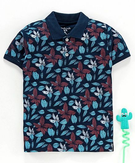 Stupid Cupid Leaves Print Half Sleeves Polo Tee - Navy