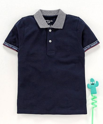 Stupid Cupid Solid & Tape Detailed Half Sleeves Polo Tee - Navy