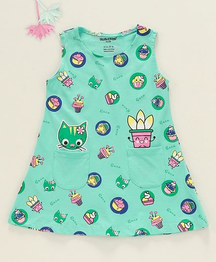 Cucumber Sleeveless Frock Kitty Print - Sea Green