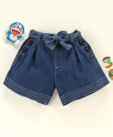 Cucumber Knee Length Denim Shorts with Fabric Belt - Dark Blue