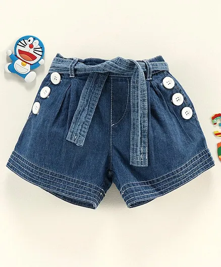 Cucumber Knee Length Denim Shorts with Fabric Belt - Blue