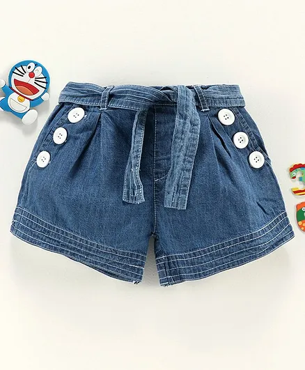 Cucumber Knee Length Denim Shorts with Fabric Belt - Light Blue