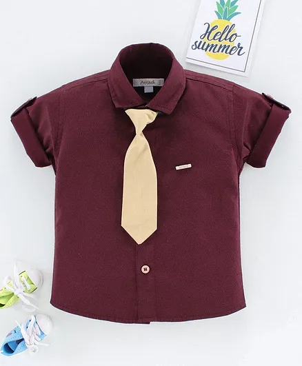 Attack Party Wear Half Sleeves Shirt With Tie - Maroon