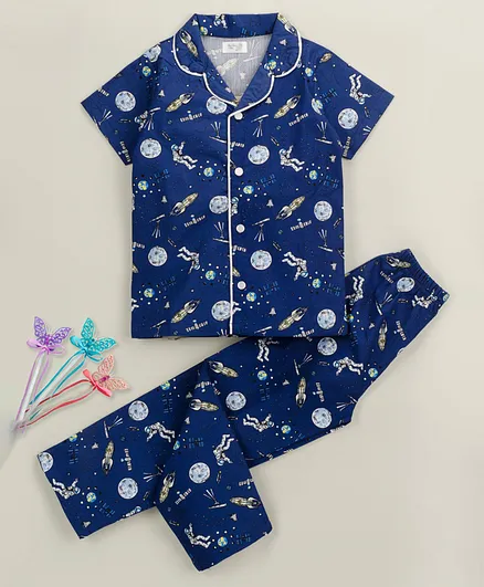 Sheer Love Planet Print Half Sleeves Night Suit - Blue