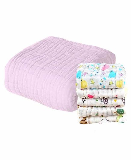 Mom's Home Muslin Towel & Wash Cloths Set Pack of 6 - Pink