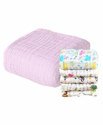 Mom's Home Muslin Towel & Wash Cloths Set Pack of 6 - Pink