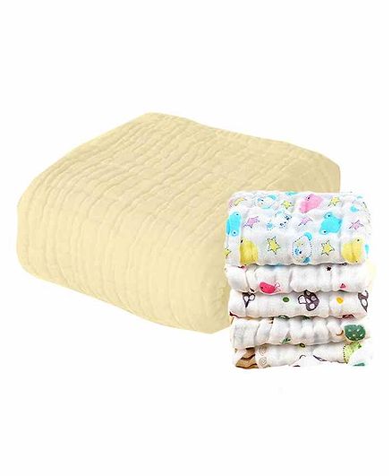 Mom's Home Muslin Towel & Wash Cloths Set Pack of 6 - Yellow