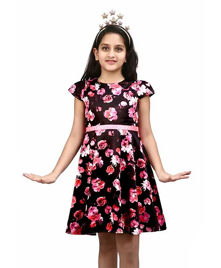 KIDSDEW Floral Print Cap Sleeves Dress - Black