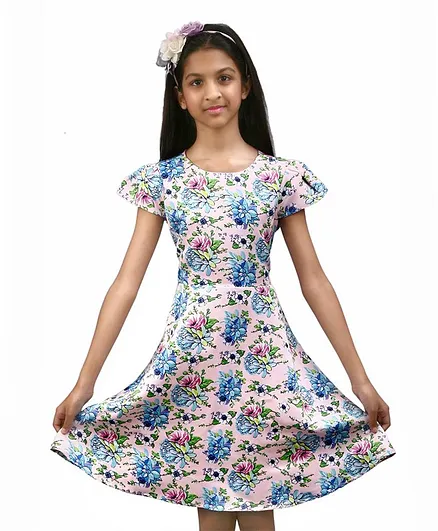 KIDSDEW Cap Sleeves All Over Floral Printed - Pink