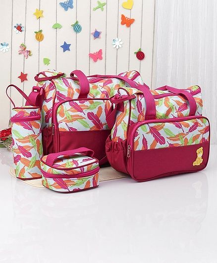 Diaper Bag with Lunch Box and Bottle Holder Feather Print - Pink