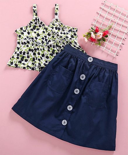 M'andy Sleeveless Flower Print Top With Buttoned Skirt - White