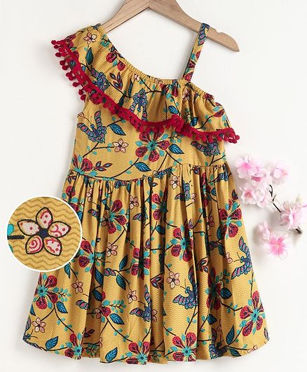 M'andy Sleeveless Flower Print Pom Pom Lace Dress - Yellow