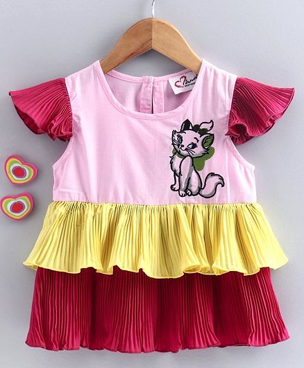 M'andy Cat Embroidered Crinkle Frill Cap Sleeves Top - Yellow