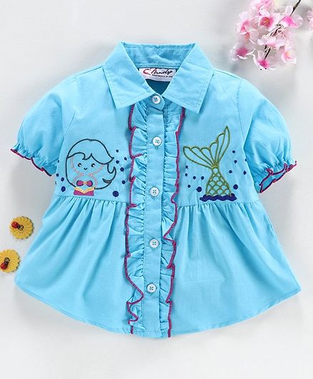 M'andy Short Sleeves Mermaid Embroidered Shirt - Blue