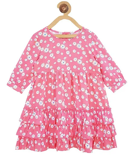 Campana Floral Printed Full Sleeves Dress - Pink & White