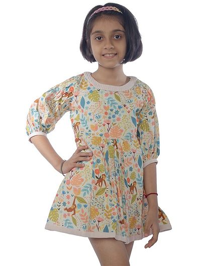Miko Lolo Organic Cotton Three Fourth Sleeves Monkey Print Dress - Multi Color