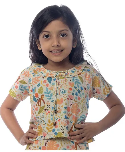 Miko Lolo Short Sleeves Organic Cotton Monkey Print Peter Pan Collared Neck Top - Multi Color