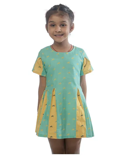 Miko Lolo Organic Cotton Short Sleeves Dragon Fly Print Contrast Paneled Dress - Green