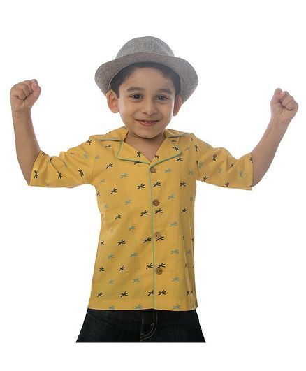 Miko Lolo Half Sleeves Organic Cotton Hawaiian Collared Neck Dragon Fly Print Shirt - Yellow