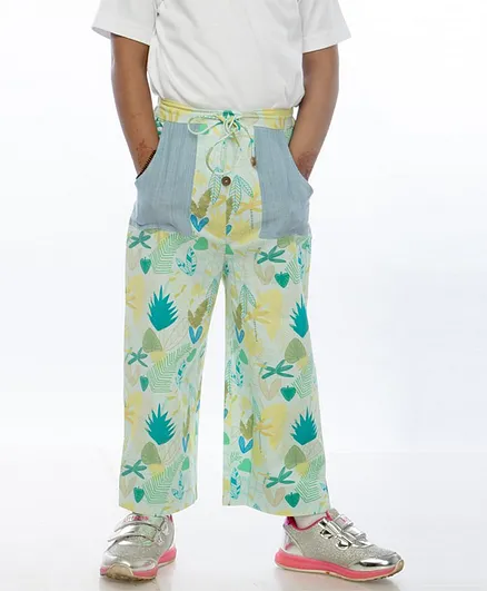 Miko Lolo Full Length Organic Cotton Leaves Print Pants - Blue