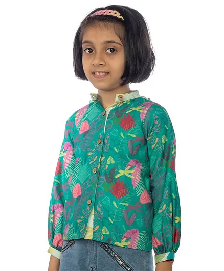 Miko Lolo Floral Print Full Sleeves Organic Cotton Top - Green