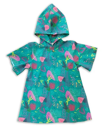 Miko Lolo Half Sleeves Floral Print Organic Cotton Hooded Dress - Green