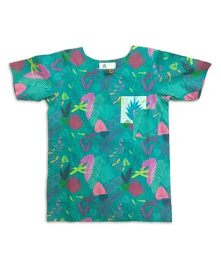Miko Lolo Organic Cotton Half Sleeves Floral Print Top - Green