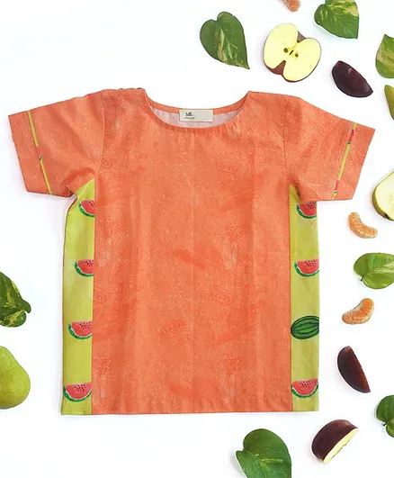Miko Lolo Half Sleeves Watermelon Print Organic Cotton Tee - Orange
